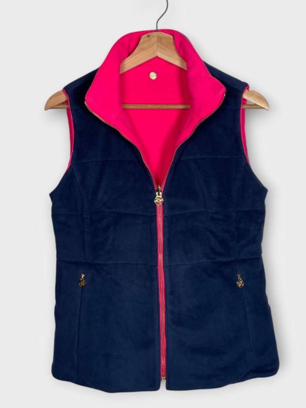 Lilly Pulitzer Reversible Fleece Vest S Pink Blue Full Zip Side Zippers